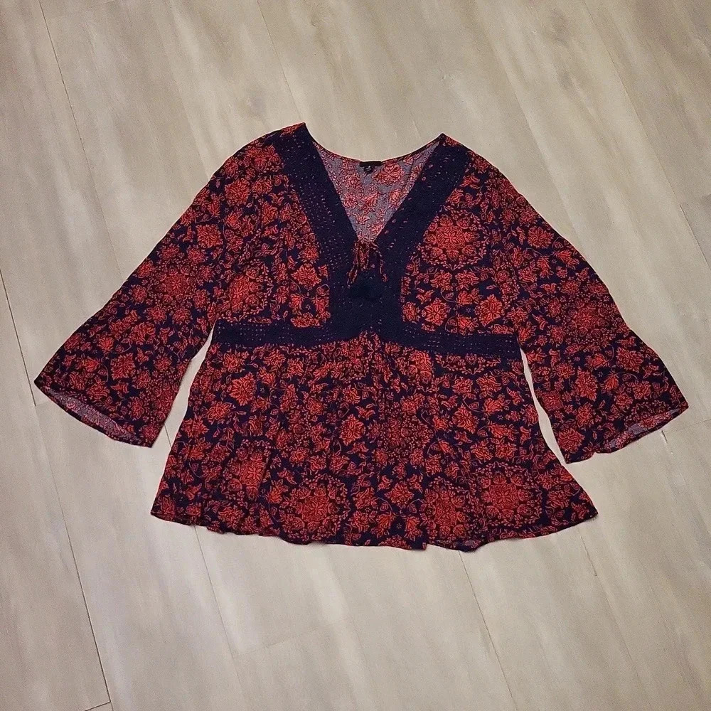 Torrid Crinkle Gauze Red Blue Floral Lace Up Baby Doll‎ Blouse Womens 3X